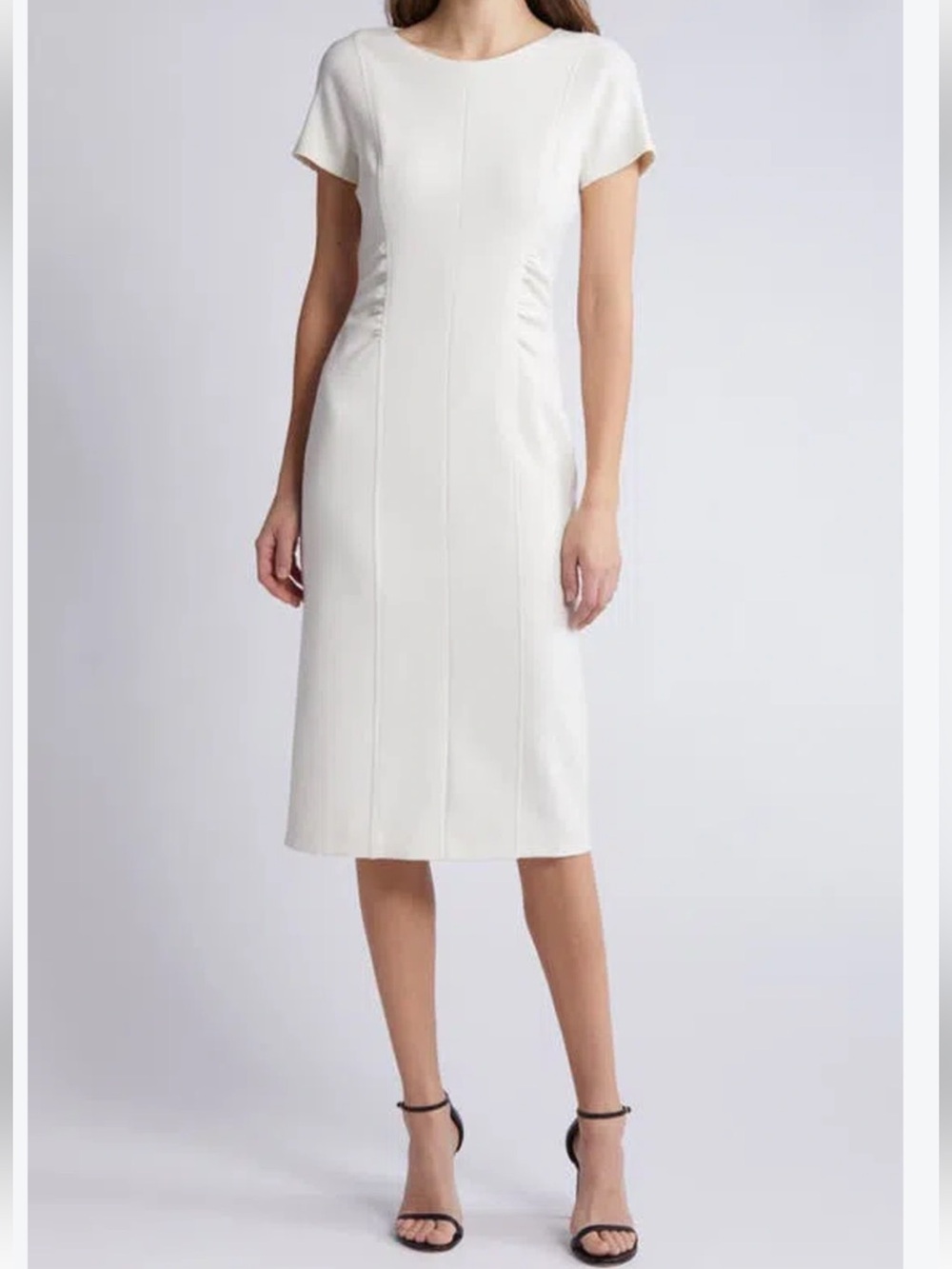 HUGO BOSS Dakela Ruched Sheath Dress Soft
Cream Size 4 Knee Length EUC